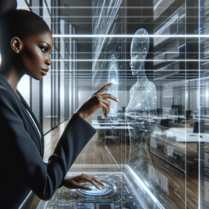 A professional business leader thoughtfully reviewing complex digital data streams and AI code overlays in a sleek, modern office environment, symbolizing strong governance empowering innovative AI development.