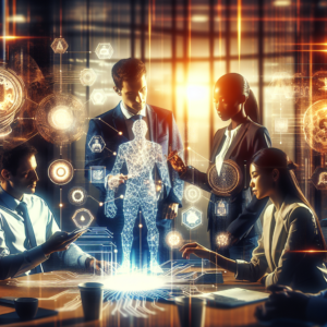 A cinematic editorial image of a diverse group of professionals collaborating around a futuristic digital interface displaying abstract AI algorithms and governance frameworks, set in a modern, high-tech office with warm, focused lighting conveying innovation, responsibility, and leadership.