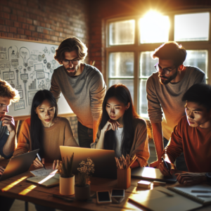 A cinematic editorial photo of a diverse group of young Malaysian entrepreneurs collaborating intensely in a modern coworking space bathed in warm natural light, with laptops, notebooks, and whiteboard sketches symbolizing innovation and startup growth.
