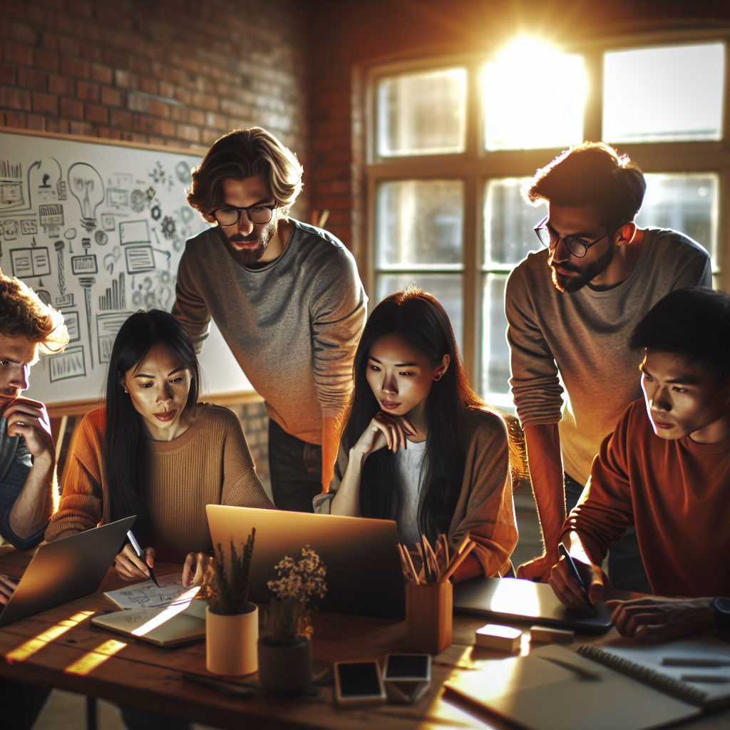 A cinematic editorial photo of a diverse group of young Malaysian entrepreneurs collaborating intensely in a modern coworking space bathed in warm natural light, with laptops, notebooks, and whiteboard sketches symbolizing innovation and startup growth.