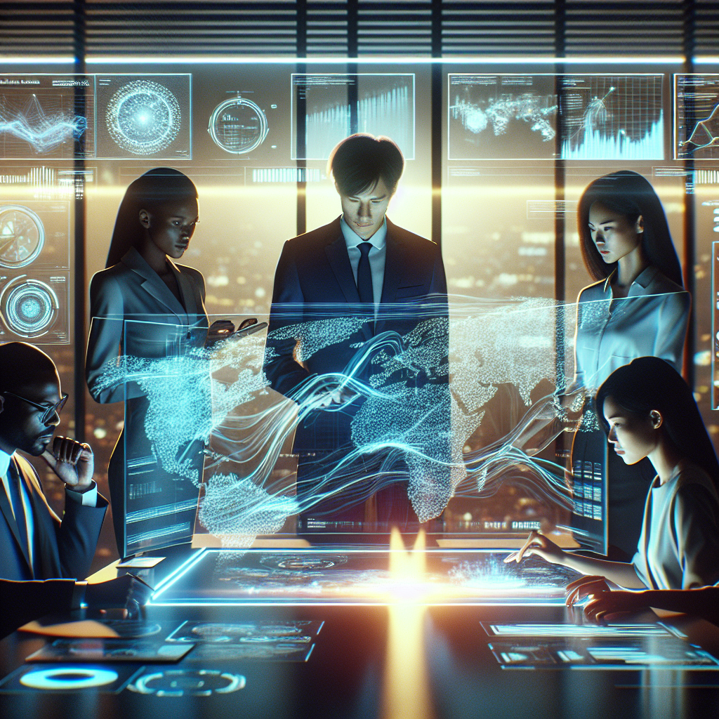 A cinematic editorial-style image of diverse professionals collaborating around a futuristic digital transparent screen displaying glowing data streams and abstract patterns symbolizing AI analytics, set in a modern global summit environment with subtle hints of unity and global cooperation to convey innovative technology combating corruption.