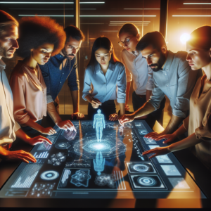 A diverse group of professionals collaborating around a sleek digital workspace illuminated by dynamic holographic AI data visualizations, set in a modern office with warm cinematic lighting that highlights teamwork and futuristic technology integration.