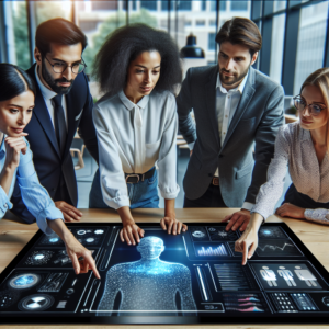 A diverse group of professionals collaborating around a sleek digital touchscreen table displaying dynamic AI-driven workflow visuals in a modern, well-lit office, with focused expressions and subtle futuristic technology elements enhancing a sense of secure, efficient teamwork.