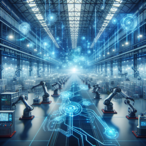 A cinematic, high-tech industrial factory floor illuminated by cool blue lighting, showcasing advanced robotic arms and automated machinery in action, with dynamic data streams and holographic AI interfaces subtly overlaying the scene to represent AI, ML, and 5G seamlessly integrating to enhance industrial automation.