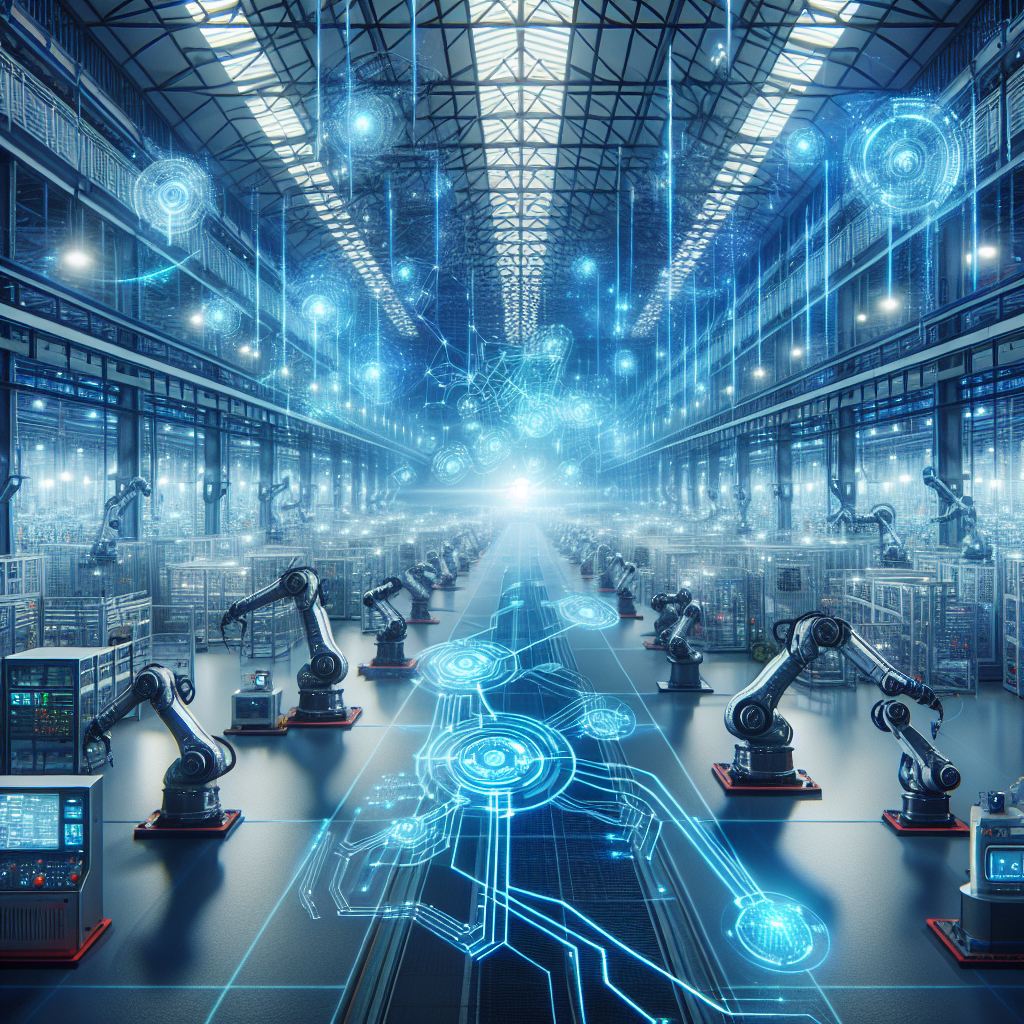 A cinematic, high-tech industrial factory floor illuminated by cool blue lighting, showcasing advanced robotic arms and automated machinery in action, with dynamic data streams and holographic AI interfaces subtly overlaying the scene to represent AI, ML, and 5G seamlessly integrating to enhance industrial automation.