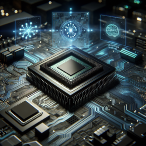 A sleek, futuristic semiconductor chip glowing with circuitry patterns, surrounded by holographic AI network visuals and edge computing icons, set against a dark, high-tech industrial background with subtle blue and green lighting.