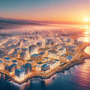 A dynamic aerial view of a modern Cypriot cityscape at sunset with bustling startup offices and co-working spaces illuminated, symbolizing innovation and government-supported entrepreneurship in a vibrant Mediterranean setting.