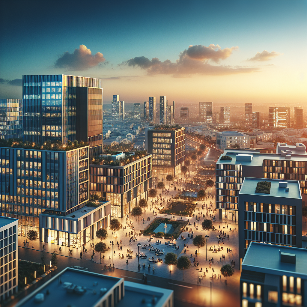 A wide aerial view of the modern business district in Nicosia, Cyprus at sunset, with contemporary office buildings, entrepreneurs collaborating outdoors, and subtle glowing lights symbolizing innovation and startup growth, captured in warm cinematic tones from a dynamic angle.