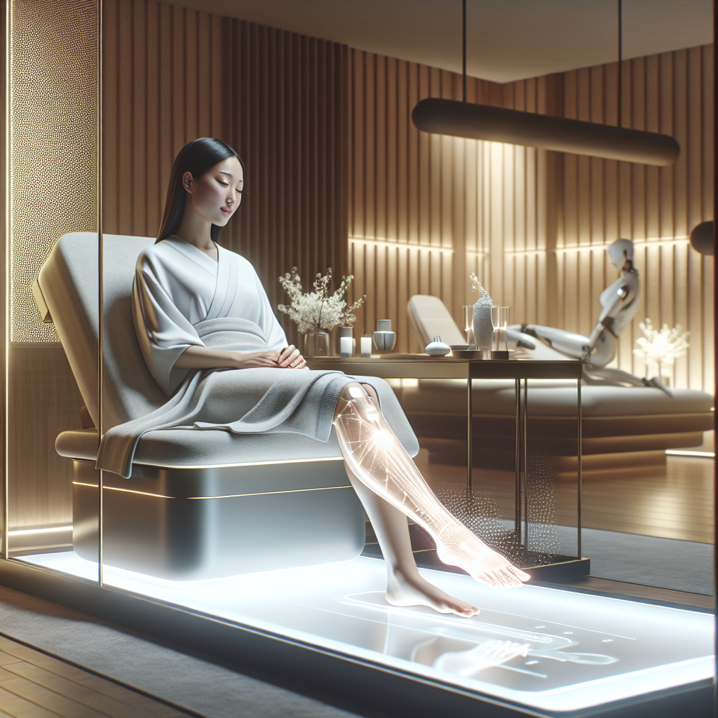 A sleek, modern luxury wellness spa environment featuring a serene woman receiving an advanced AI-powered foot treatment, with soft natural lighting highlighting high-tech devices subtly integrated into a calming, elegant space.