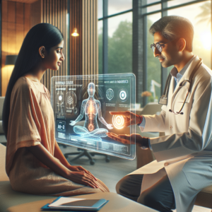 A cinematic, editorial-style image showing an Indian doctor and patient interacting with a futuristic transparent digital interface displaying AI-powered health data and diagnostics, set in a modern clinic blending urban and rural healthcare elements, with warm natural lighting and a compassionate, hopeful atmosphere.