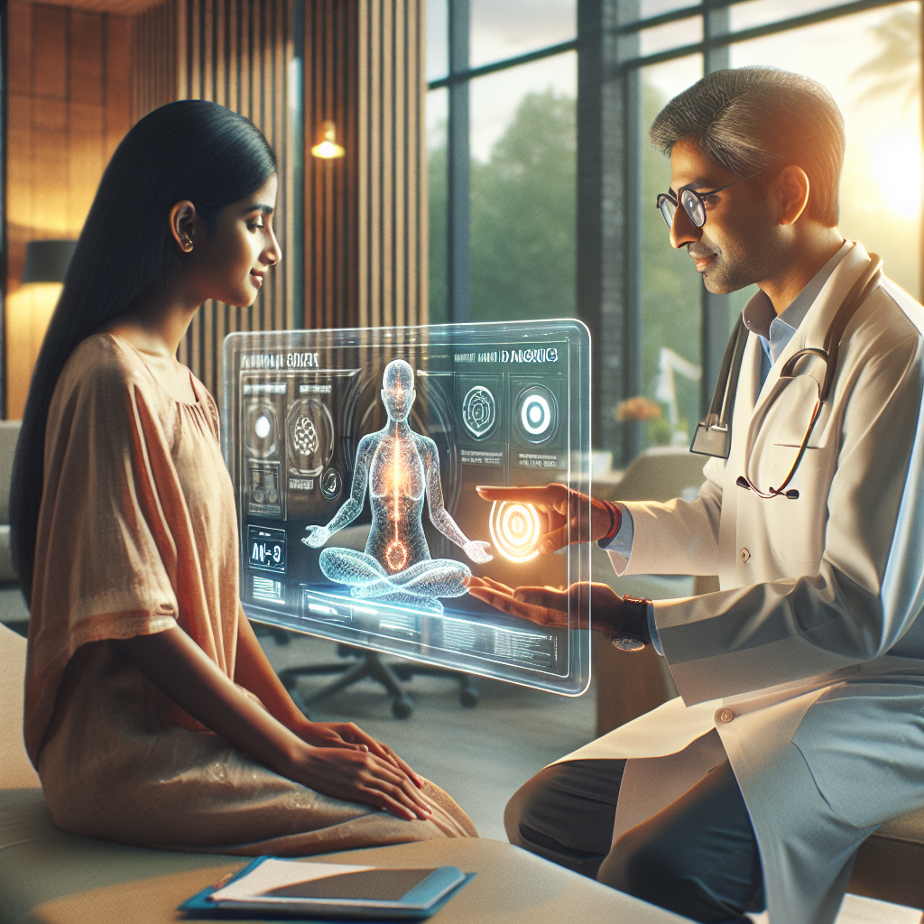 A cinematic, editorial-style image showing an Indian doctor and patient interacting with a futuristic transparent digital interface displaying AI-powered health data and diagnostics, set in a modern clinic blending urban and rural healthcare elements, with warm natural lighting and a compassionate, hopeful atmosphere.