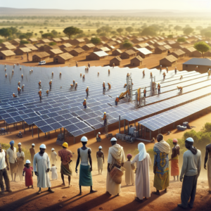 A cinematic, editorial photo of a solar farm with sleek high-efficiency solar panels bathed in warm African sunlight, set against a backdrop of a vibrant rural community where diverse people—men and women including local technicians—engage collaboratively, symbolizing sustainable energy empowering economic growth and a greener future.