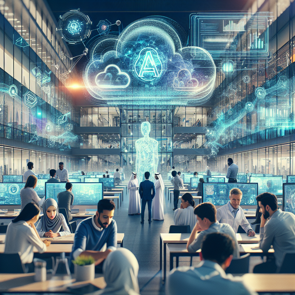 A cinematic editorial image of diverse AI researchers collaborating in a sleek, modern university lab infused with advanced cloud computing visuals and futuristic data streams, symbolizing innovation, global partnership, and startup growth in a vibrant UAE tech ecosystem.