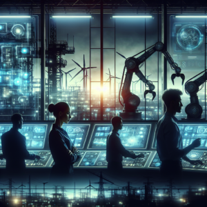 A dramatic, cinematic shot of a high-tech industrial control room with engineers monitoring glowing digital dashboards, robotic arms precisely assembling machinery on a factory floor, and background silhouettes of power grids and wind turbines under a moody twilight sky, capturing the invisible power of automation securing energy systems.