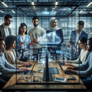 A cinematic editorial scene showing a diverse team of professionals collaborating around large transparent digital screens displaying AI data visualizations and cloud architecture in a modern high-tech office, capturing the dynamic transition from AI pilot projects to scalable production environments.