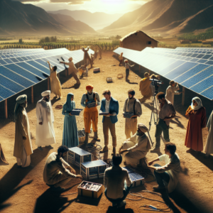 A cinematic, editorial-style photograph capturing a diverse group of African community members and solar energy technicians collaboratively installing high-efficiency solar panels in a sunlit rural village landscape, symbolizing sustainable development and clean energy empowerment.