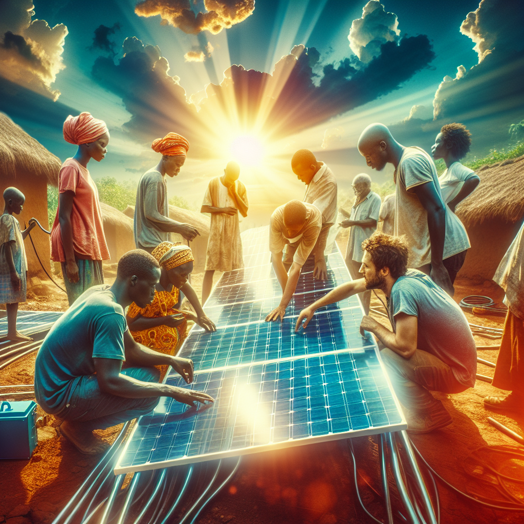 A cinematic, editorial-style photograph of African community members and solar energy technicians working together to install sleek solar panels under a bright sky, highlighting sustainable development and renewable energy empowerment in a rural village setting.