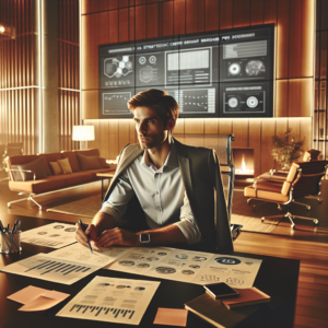 A focused marketing professional sitting at a sleek modern desk surrounded by multiple screens and notes, thoughtfully analyzing data and charts in a warm, cinematic office setting with soft natural light highlighting a strategic content roadmap for 2026.