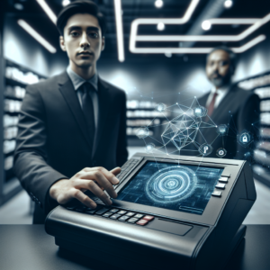 A cinematic shot of a modern retail store with a focused close-up on a cashier's sleek digital point-of-sale terminal surrounded by subtle digital security graphics subtly glowing around, featuring a calm but alert store manager in the background monitoring the scene, all under moody, cool-toned lighting that evokes a sense of vigilance and protection against unseen cyber threats.