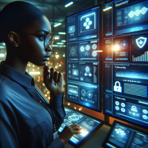 A cinematic, editorial-style image of a retail store manager intently monitoring multiple digital screens showing cybersecurity alerts and data analytics in a modern, dimly lit control room, emphasizing vigilance and protection against cyber threats in retail.