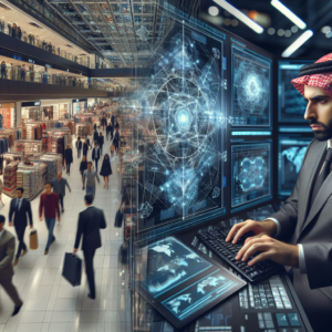 A cinematic, editorial-style image showing a modern retail store with a focused professional IT security expert monitoring multiple digital screens displaying abstract cyber threat maps and data flows, while the store operates seamlessly in the background, emphasizing the protection of retail technology and customer data against cyber risks.