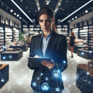 A cinematic, editorial-style image depicting a professional retail store environment with a confident retailer using a tablet device while subtle digital security icons and glowing network connections float around, symbolizing protection against cyber threats in a modern, digitally connected shopping space.
