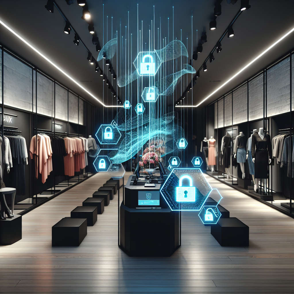A cinematic, editorial-style image of a modern retail store interior with digital security elements subtly overlaid, depicting cybersecurity protection through glowing data streams and secure locked icons integrated into point-of-sale systems and customer interactions, shot with dramatic lighting and a professional, realistic atmosphere.