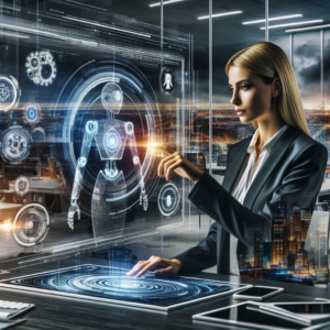 A cinematic editorial image showing a futuristic office workspace with a human professional interacting with a holographic dual interface symbolizing Robotic Process Automation on one side and Artificial Intelligence automation on the other, set against a sleek digital cityscape background that conveys innovation and the convergence of technology shaping the future of work.