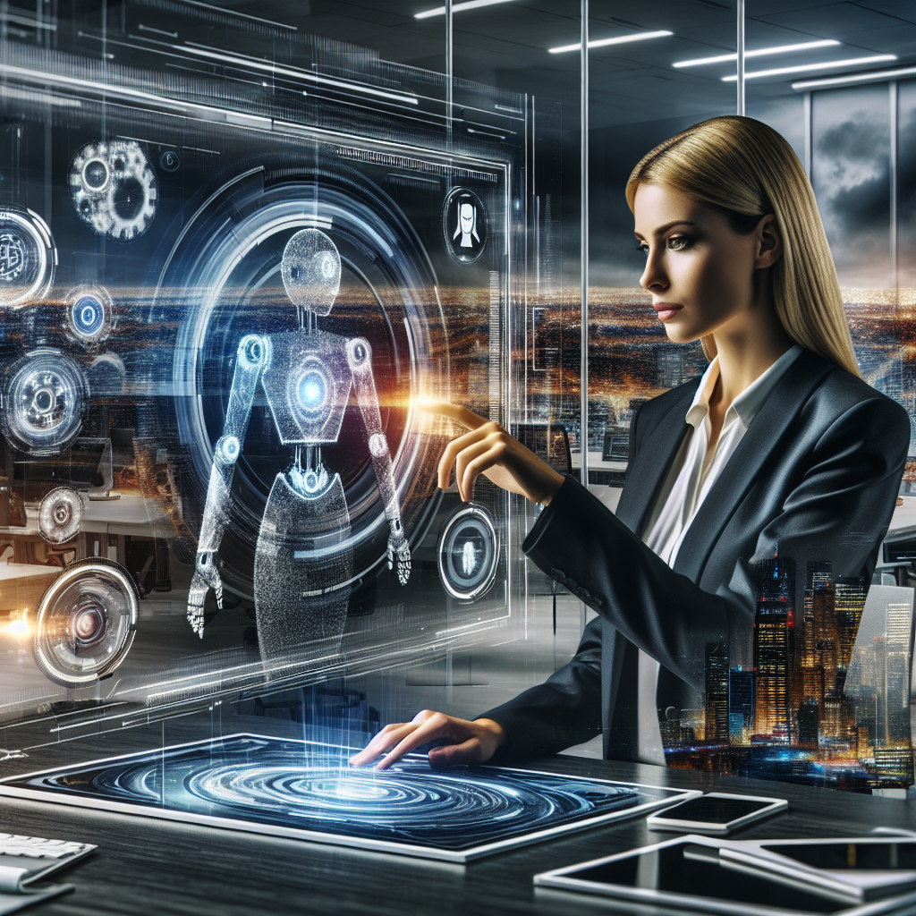 A cinematic editorial image showing a futuristic office workspace with a human professional interacting with a holographic dual interface symbolizing Robotic Process Automation on one side and Artificial Intelligence automation on the other, set against a sleek digital cityscape background that conveys innovation and the convergence of technology shaping the future of work.