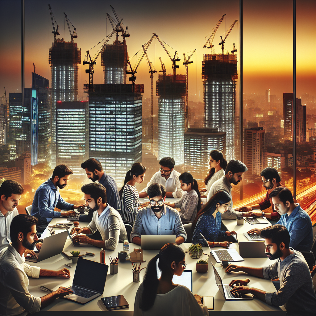 A dynamic, cinematic shot of a diverse group of Indian entrepreneurs collaborating intensely around a modern workspace filled with laptops and digital devices, set against a backdrop of a bustling urban skyline with cranes and technology hubs at sunset, symbolizing innovation, government support, and the rapid growth of India’s startup ecosystem.