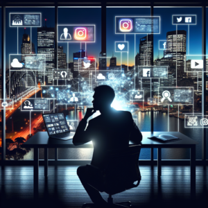A dynamic, cinematic scene of an Australian ecommerce entrepreneur thoughtfully analyzing social media marketing strategies on multiple glowing digital screens in a modern office, with subtle Australian cultural elements like a Sydney skyline silhouette visible through a window, capturing focused determination and the evolving digital landscape.