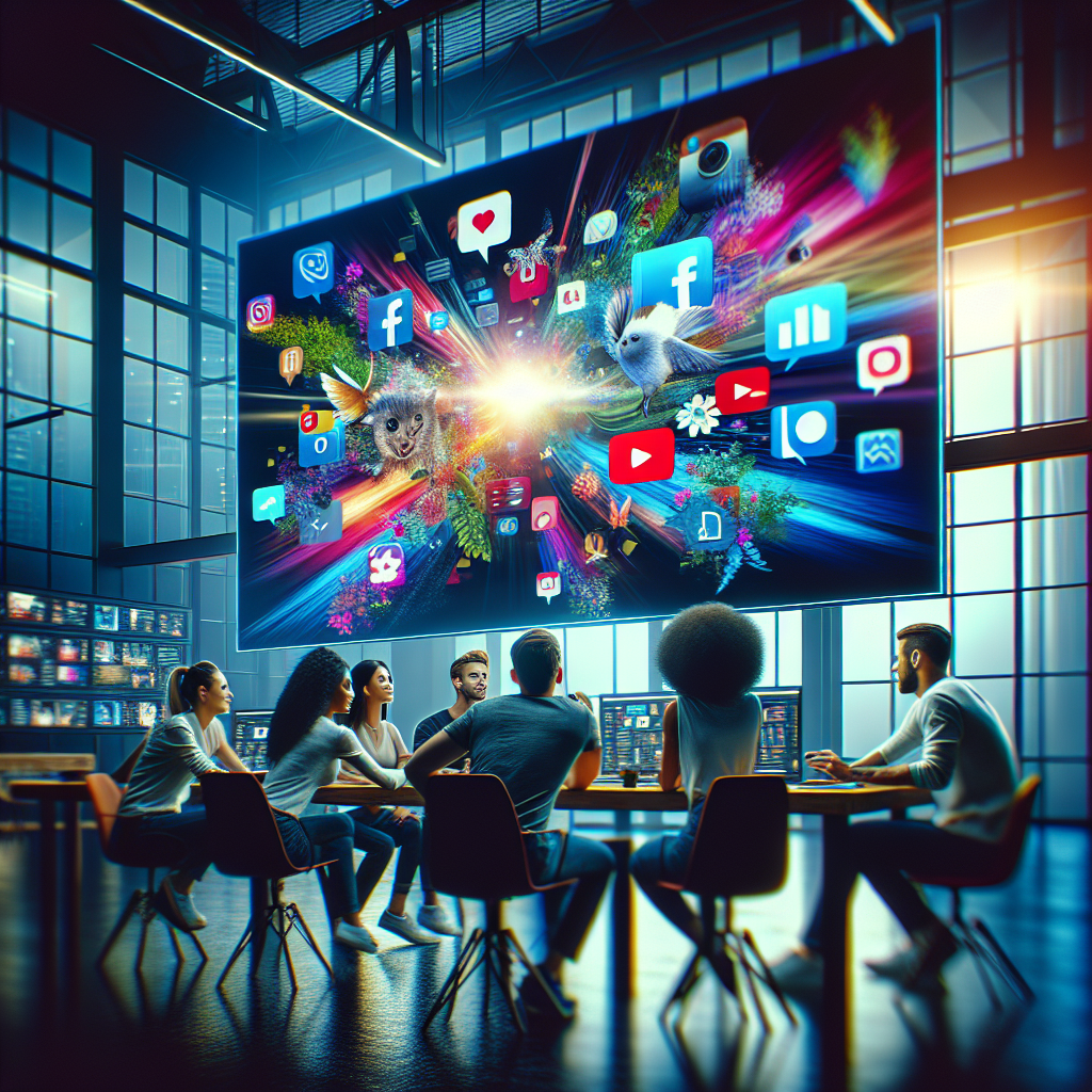 A dynamic, cinematic editorial shot of a diverse group of young marketers collaborating around a large digital screen displaying colorful, animated social media content and TikTok-inspired video snippets in a modern, stylish office setting, capturing energy, creativity, and innovation in social media marketing.