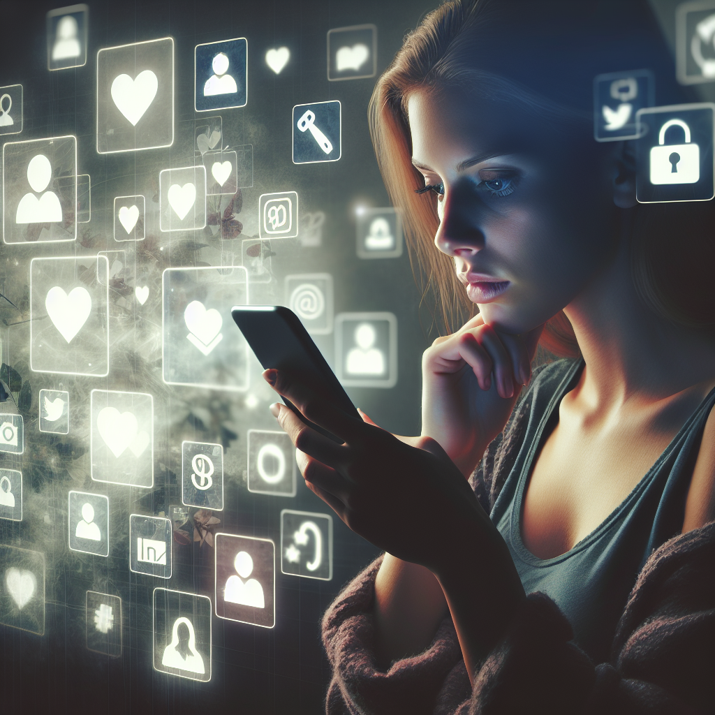 A cinematic, editorial-style image of a thoughtful young woman scrolling through social media on her smartphone, surrounded by blurred glowing icons of health products and influencer profiles, with a subtle overlay of cautionary shadows hinting at hidden dangers and misinformation in digital health marketing.