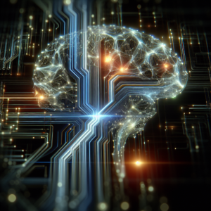 A dramatic, cinematic close-up of a futuristic AI brain composed of glowing neural network circuits merging seamlessly with sleek digital code streams, set against a dark, high-tech background symbolizing the evolving race in artificial intelligence innovation.