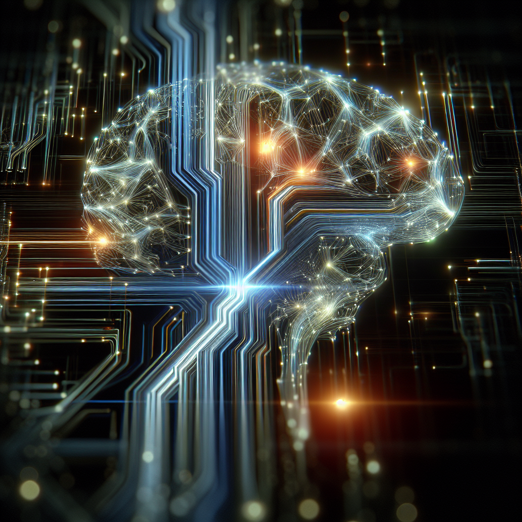 A dramatic, cinematic close-up of a futuristic AI brain composed of glowing neural network circuits merging seamlessly with sleek digital code streams, set against a dark, high-tech background symbolizing the evolving race in artificial intelligence innovation.