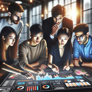 A dynamic, cinematic shot of a diverse startup team collaborating intensely around a sleek digital dashboard filled with colorful graphs and marketing data in a modern open-plan office, illuminated by soft natural light through large windows, conveying innovation and cutting-edge marketing technology driving growth.
