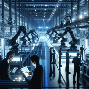 A cinematic wide-angle shot of a sleek, modern industrial factory floor bustling with advanced robotic arms and automated machinery in motion, illuminated by cool blue and white lighting, with diverse engineers in safety gear collaborating over digital tablets, symbolizing global expansion and cutting-edge industrial automation.
