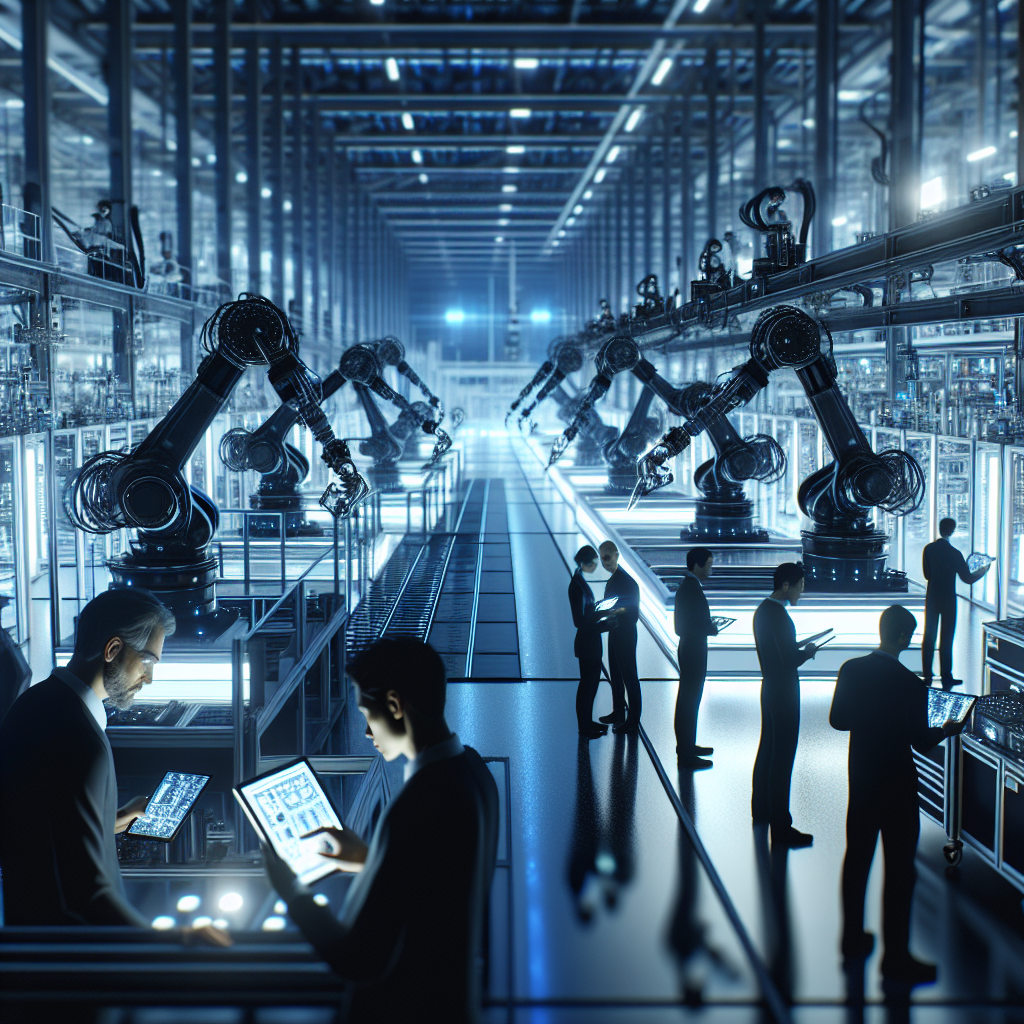 A cinematic wide-angle shot of a sleek, modern industrial factory floor bustling with advanced robotic arms and automated machinery in motion, illuminated by cool blue and white lighting, with diverse engineers in safety gear collaborating over digital tablets, symbolizing global expansion and cutting-edge industrial automation.