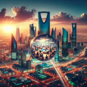A cinematic aerial view of Riyadh’s modern skyline at sunset, featuring sleek skyscrapers and vibrant coworking spaces bustling with young, diverse entrepreneurs collaborating and innovating, symbolizing Saudi Arabia’s dynamic startup ecosystem and rapid transformation into a Middle Eastern hub of technology and innovation.