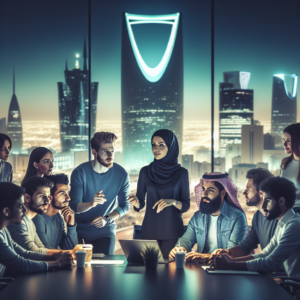 A cinematic editorial photograph of a diverse group of young Saudi entrepreneurs collaborating in a modern, high-tech co-working space with Riyadh’s futuristic skyline and iconic architecture softly illuminated at dusk in the background, symbolizing innovation and a thriving startup ecosystem in Saudi Arabia.