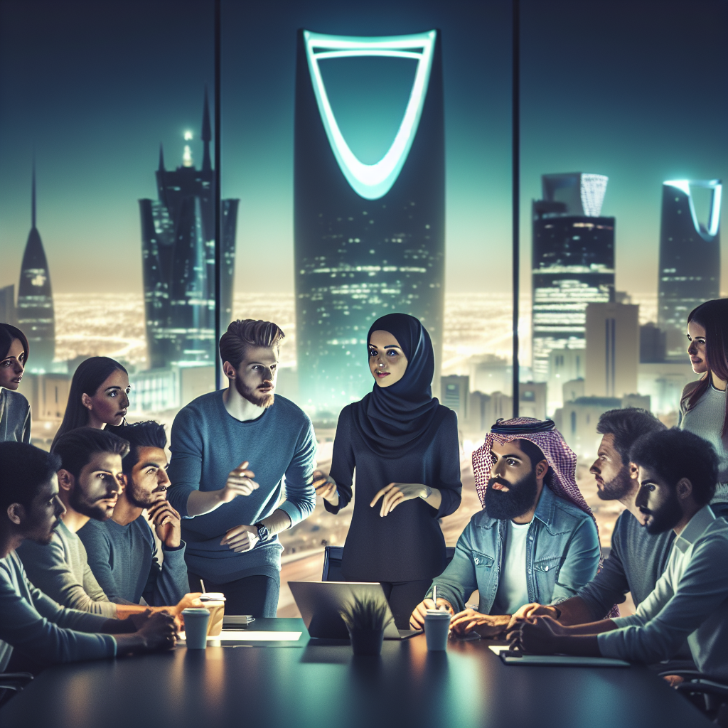 A cinematic editorial photograph of a diverse group of young Saudi entrepreneurs collaborating in a modern, high-tech co-working space with Riyadh’s futuristic skyline and iconic architecture softly illuminated at dusk in the background, symbolizing innovation and a thriving startup ecosystem in Saudi Arabia.
