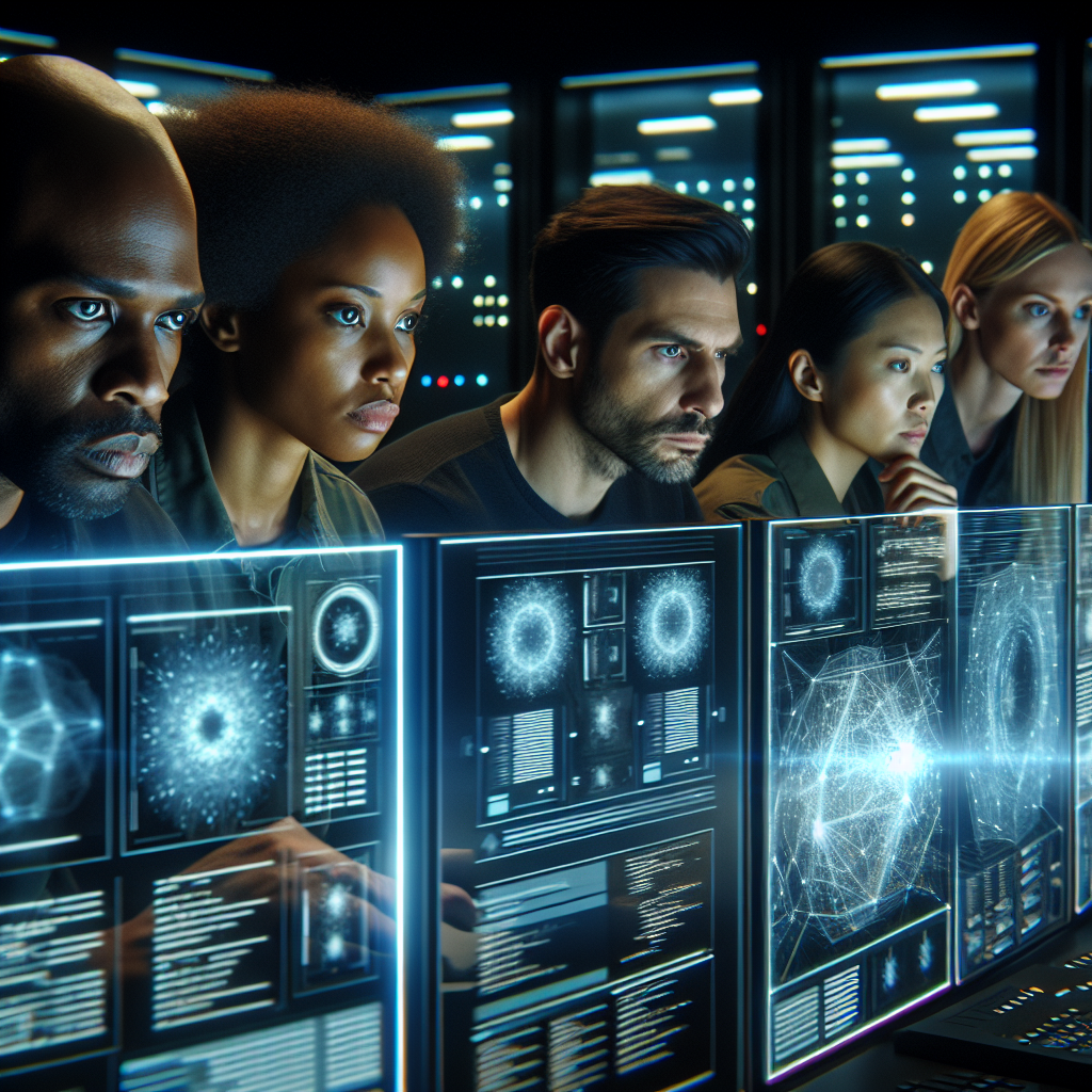 Cinematic close-up of a diverse team of cybersecurity experts intensely analyzing complex AI data flows and code on multiple transparent digital screens in a modern high-tech control room, with dynamic lighting highlighting the fusion of human vigilance and advanced AI technology securing layered, interconnected workflows beyond traditional digital perimeters.