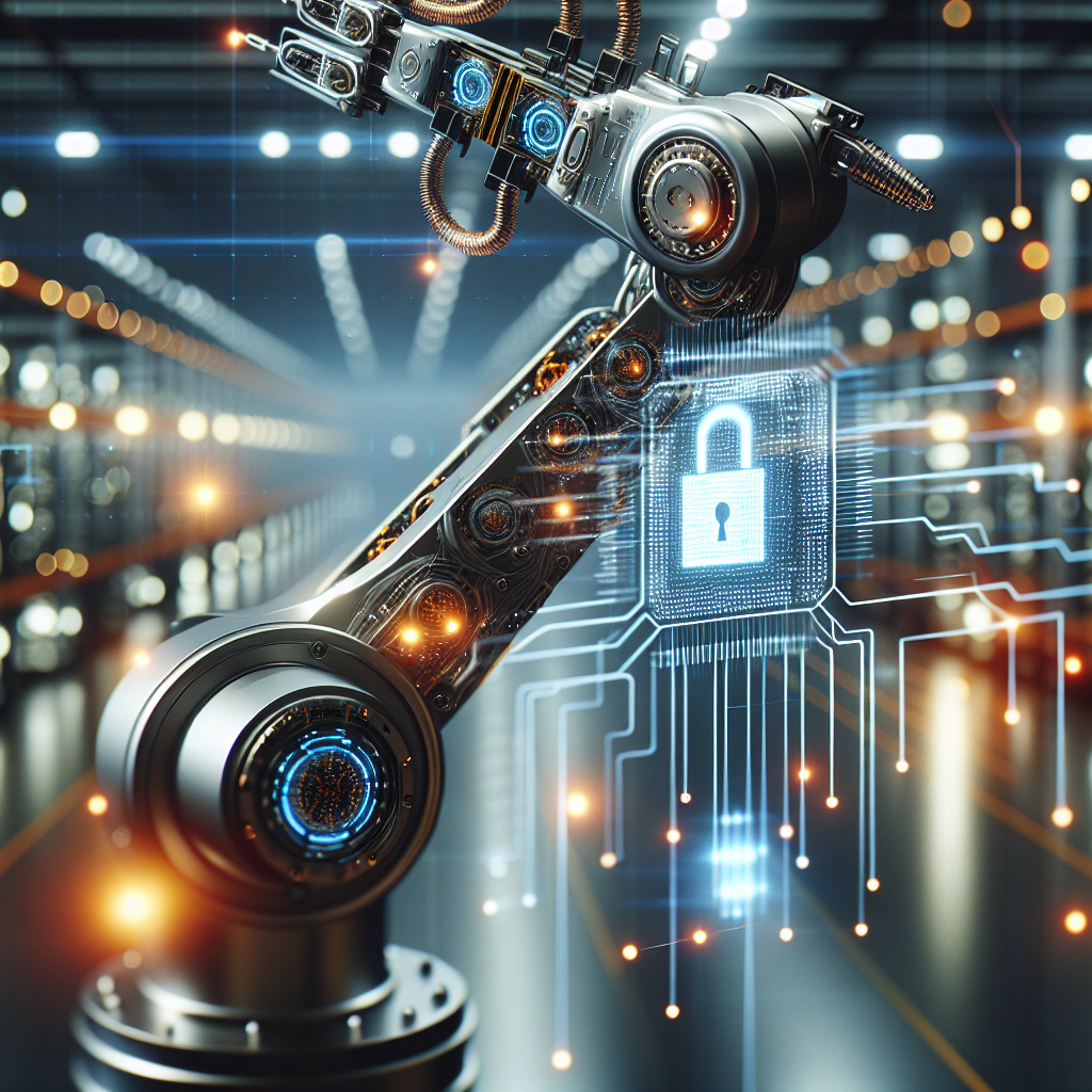 A cinematic, editorial-style close-up of a sleek robotic arm interfacing with glowing digital lock icons and data streams overlaid on a blurred modern warehouse background, symbolizing secure robotic process automation protecting complex supply chain networks.