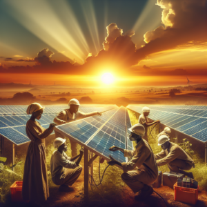 A cinematic, editorial-style image depicting a diverse group of African solar energy professionals installing sleek solar panels at sunrise, surrounded by vibrant landscapes and modern sustainable technology, symbolizing the successful integration of renewable energy and sustainable business practices.