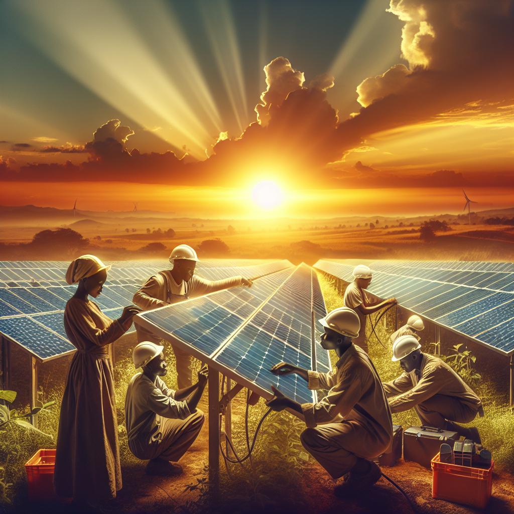A cinematic, editorial-style image depicting a diverse group of African solar energy professionals installing sleek solar panels at sunrise, surrounded by vibrant landscapes and modern sustainable technology, symbolizing the successful integration of renewable energy and sustainable business practices.