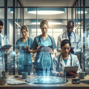 A cinematic editorial image of a modern private healthcare office with diverse medical professionals collaborating over digital tablets and transparent futuristic AI interface holograms, symbolizing advanced artificial intelligence streamlining healthcare practice management, bathed in natural light with a professional, optimistic atmosphere.