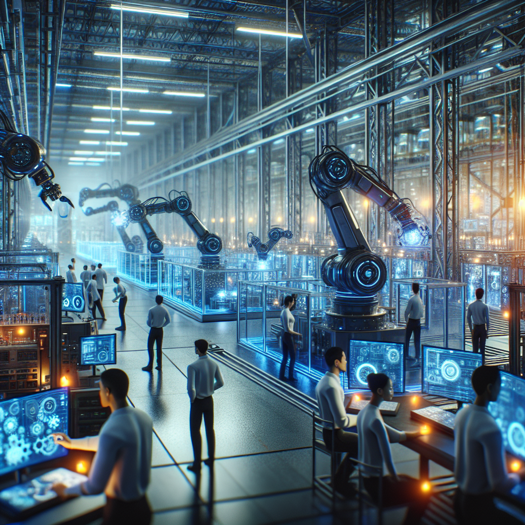 A cinematic, high-tech industrial factory interior with engineers and technicians collaborating around advanced robotic arms, interconnected sensors, and large digital control panels, illuminated by cool blue and orange lighting that highlights the integration of automation and human expertise.