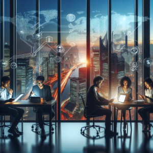 A dynamic city skyline at dusk symbolizing global innovation, with diverse entrepreneurs collaborating over digital devices in a sleek modern co-working space, vibrant international trade activity visible through large panoramic windows connecting to worldwide markets.