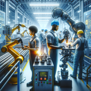 A cinematic editorial photo of a modern industrial factory floor featuring collaborative robots and human workers wearing safety gear, surrounded by advanced machinery and digital control panels, bathed in cool, high-contrast lighting that highlights the fusion of technology and human expertise in U.S. industrial automation.