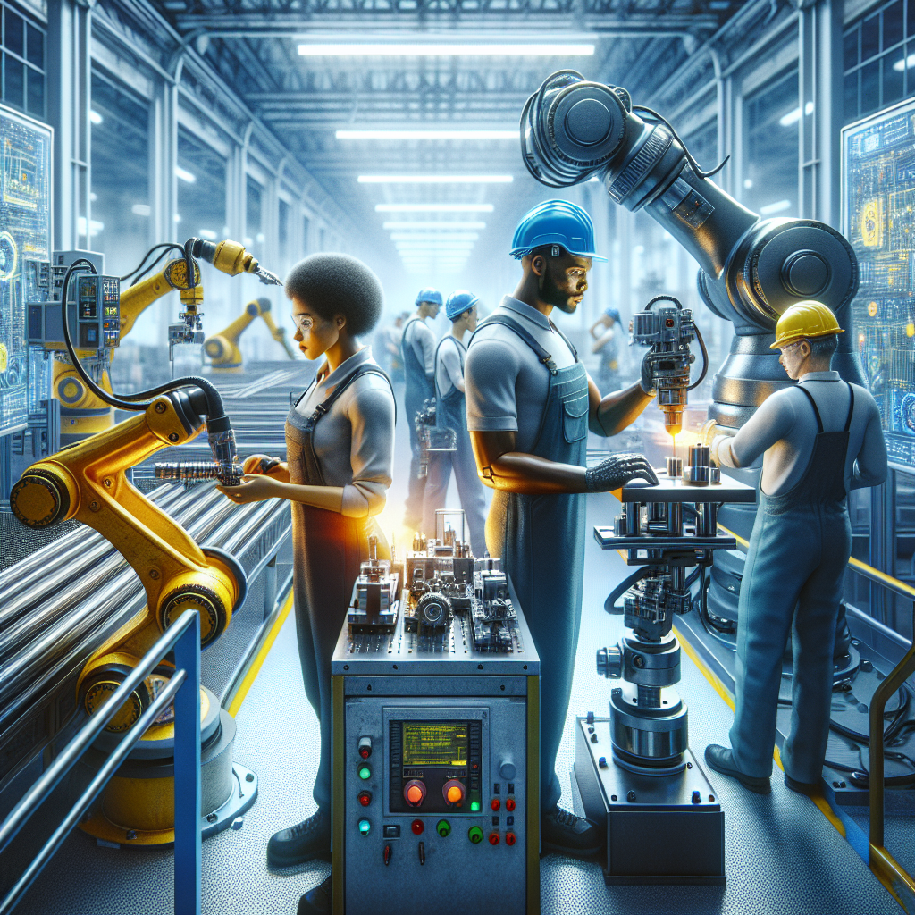 A cinematic editorial photo of a modern industrial factory floor featuring collaborative robots and human workers wearing safety gear, surrounded by advanced machinery and digital control panels, bathed in cool, high-contrast lighting that highlights the fusion of technology and human expertise in U.S. industrial automation.